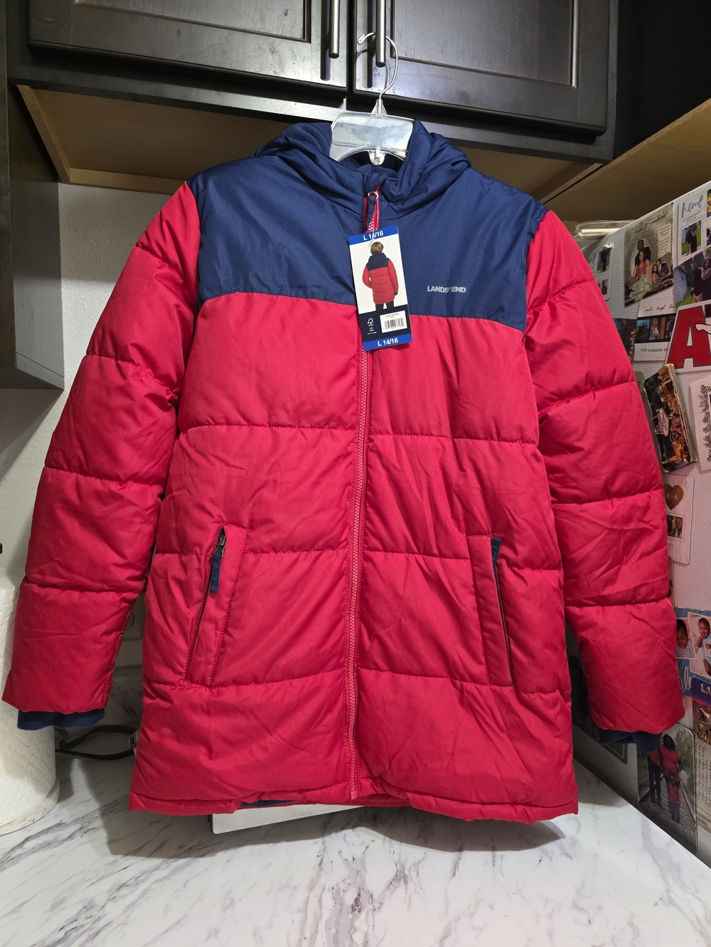 LANDS' END Kids' Red and Navy Puffer Jacket Youth 14/16